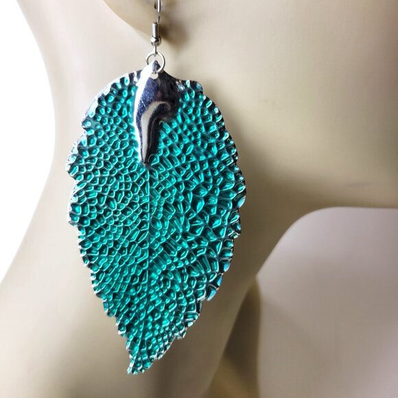 Green Leaf Earrings Statement Earrings Boho Earrings - Picture 2 of 7